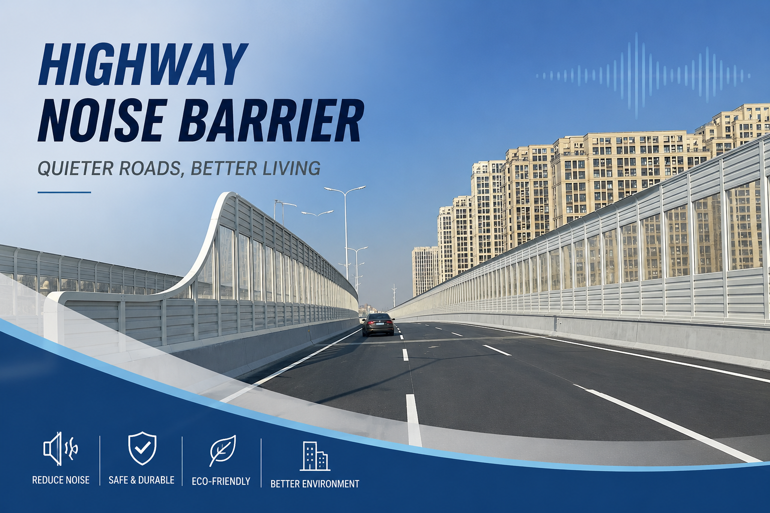 Highway noise barrier system installed along a roadway for traffic noise reduction